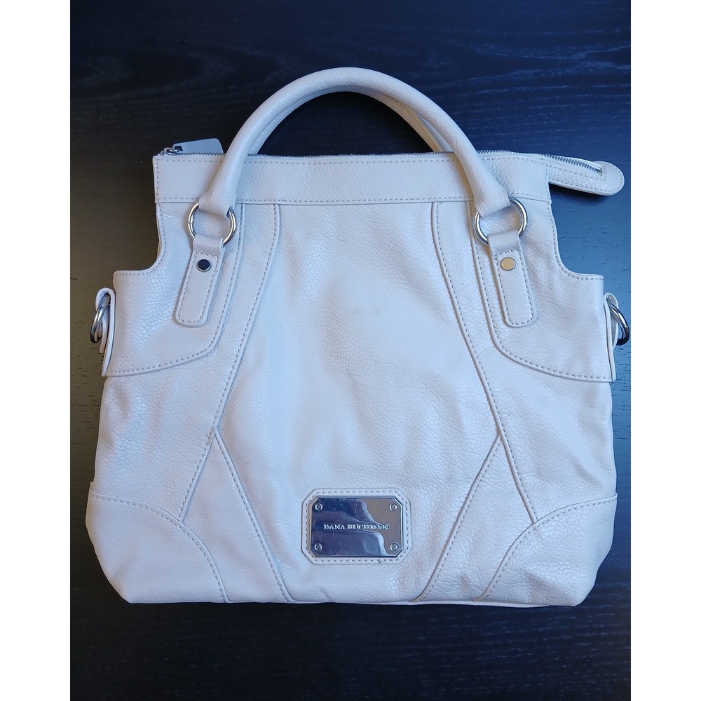 Dana Buchman Cream Pebbled Vegan Leather Satchel Tote Handbag Silver Hardware